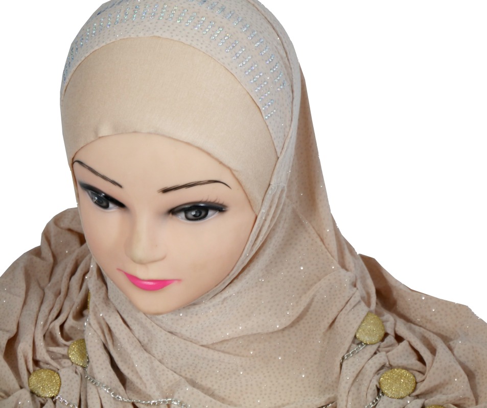  Hijab  beige paillet  avec boutons et chaines fines Lagofa