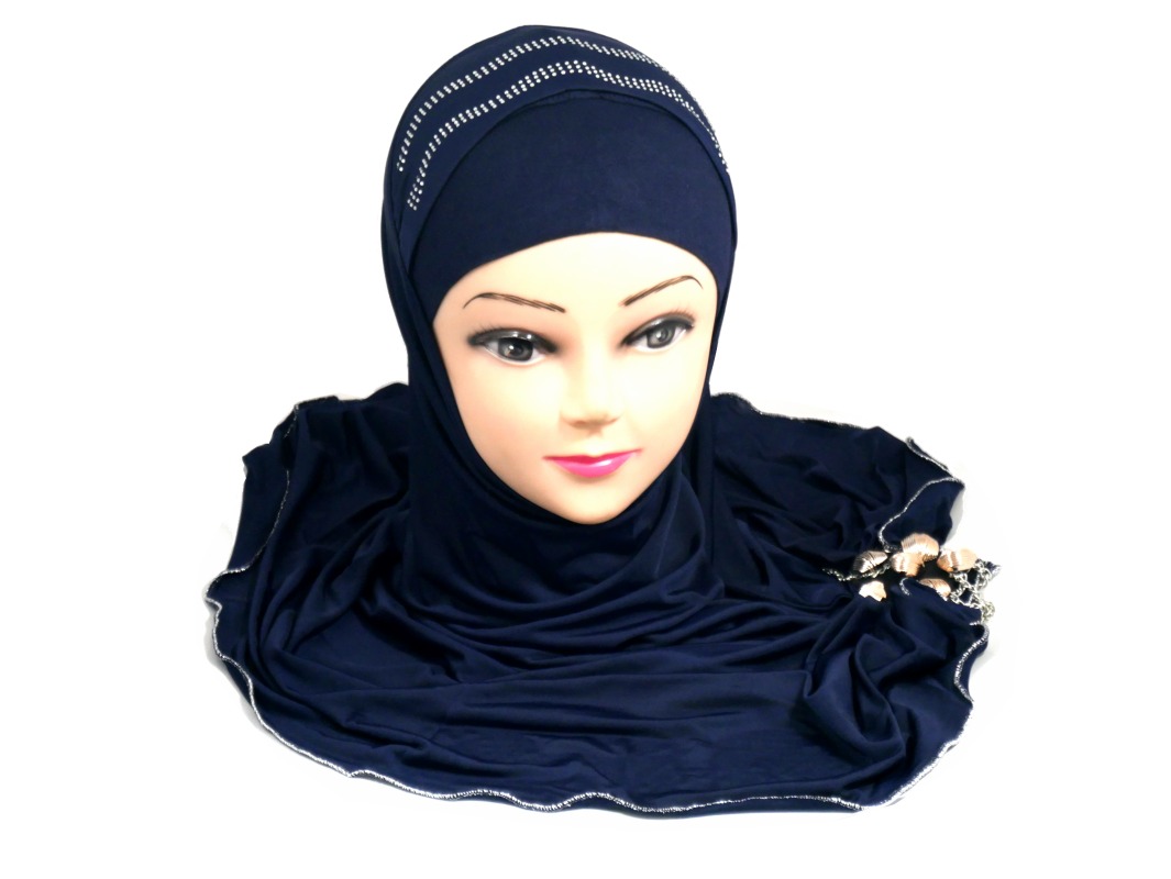  Hijab  bleu paillet  avec d corations et chaines fines Lagofa