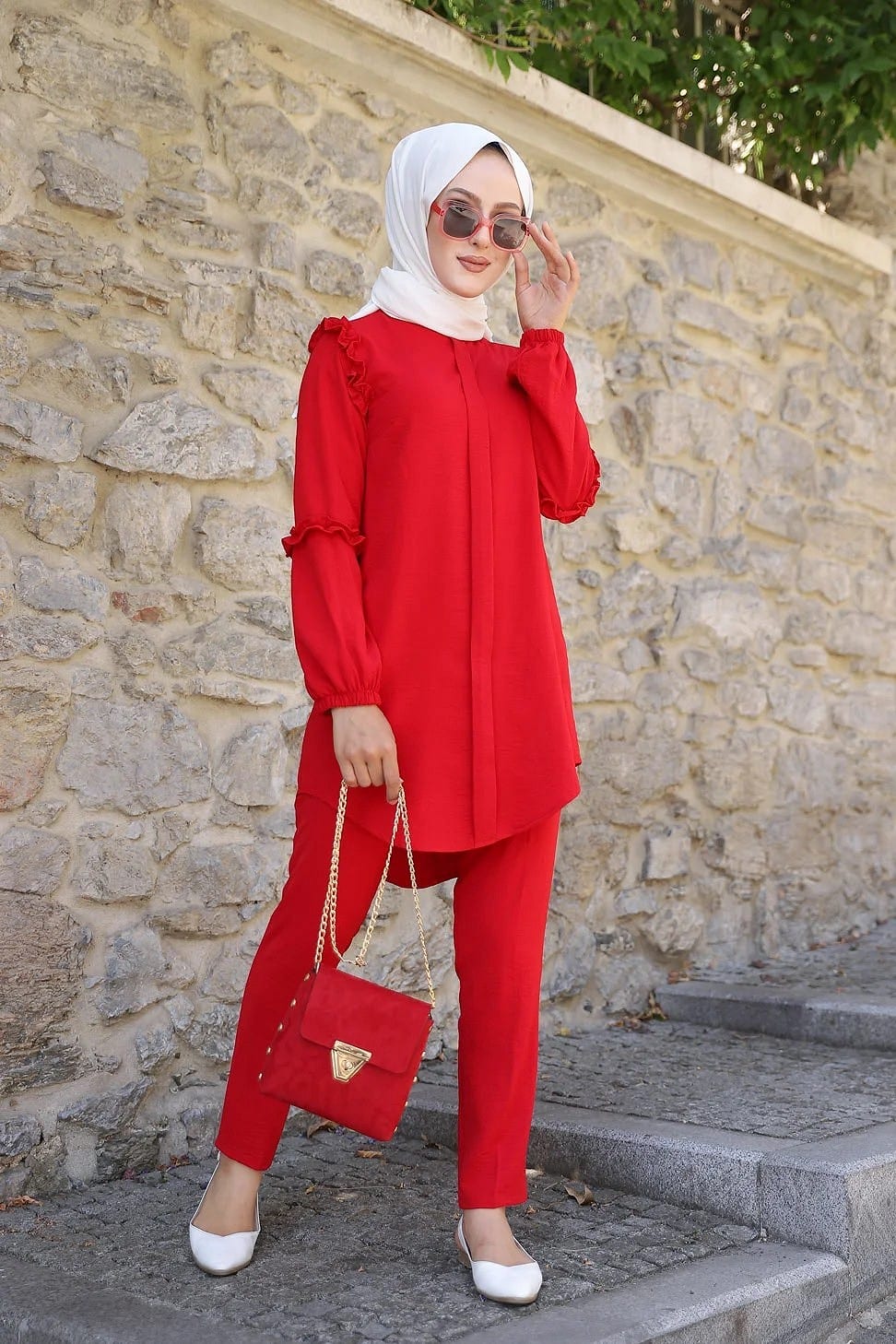 Ensemble femme tunique ample et pantalon (Vetement Modest Fashion) -  Couleur Rouge